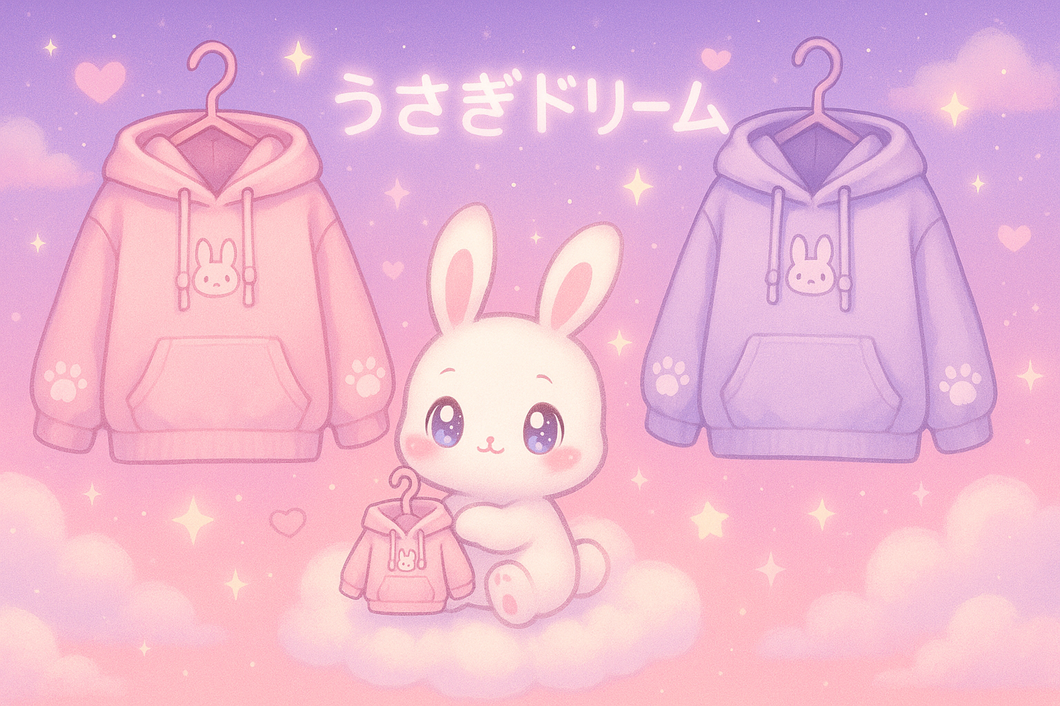 A dreamy pastel-colored bedroom scene with a soft pink and lavender sky, floating kawaii-style hoodies on hangers with bunny ears and paw print designs. A cute white bunny mascot with big sparkling eyes is holding a mini hoodie, sitting on a fluffy cloud. Japanese text 'うさぎドリーム' (Usagi Dream) appears softly in the sky. The background is filled with sparkles, stars, hearts, and soft clouds. Light aesthetic, cozy and magical, perfect for a cute fashion website homepage.