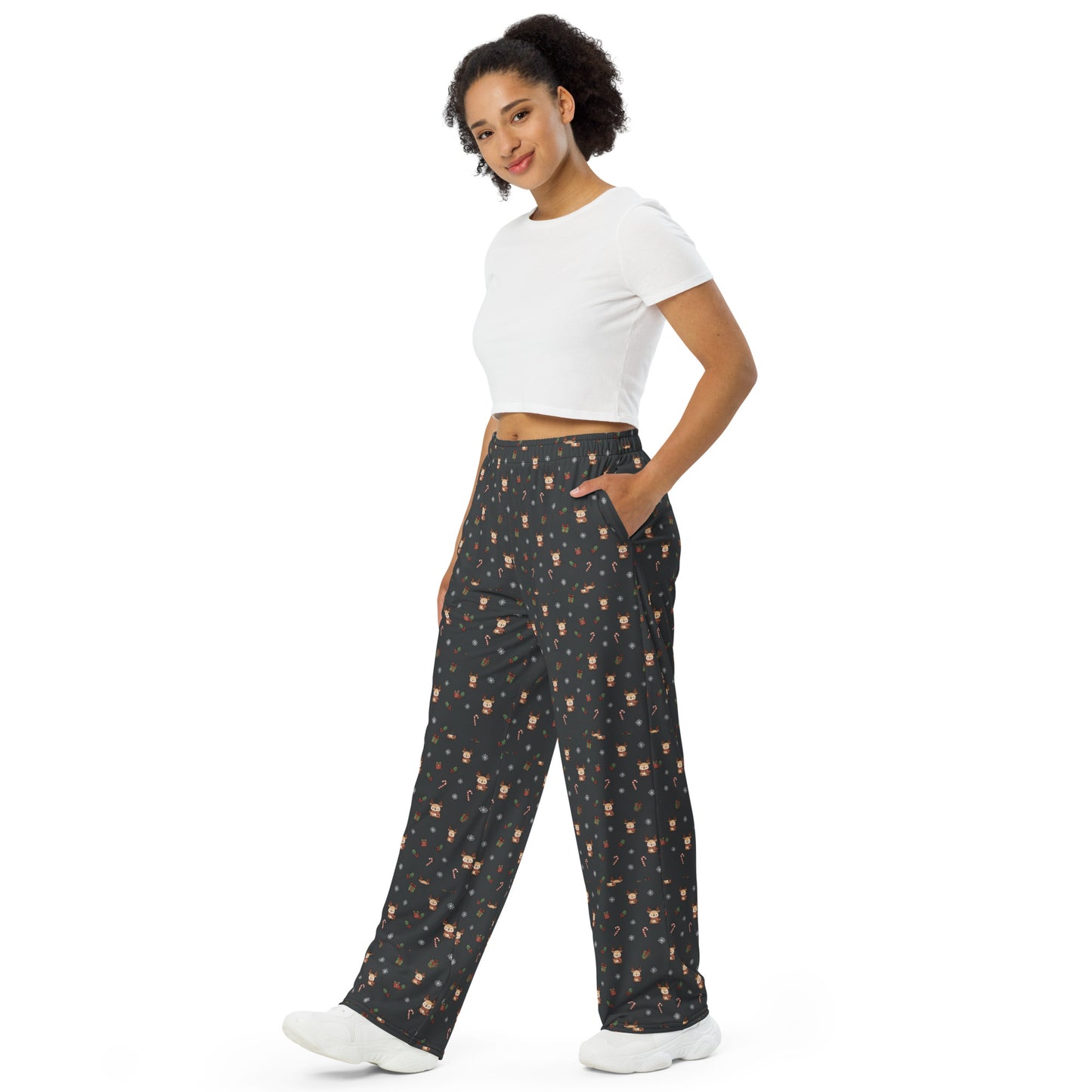 Christmas Kawaii Reindeer Wide-Leg Pants – Festive Unisex Holiday Loungewear