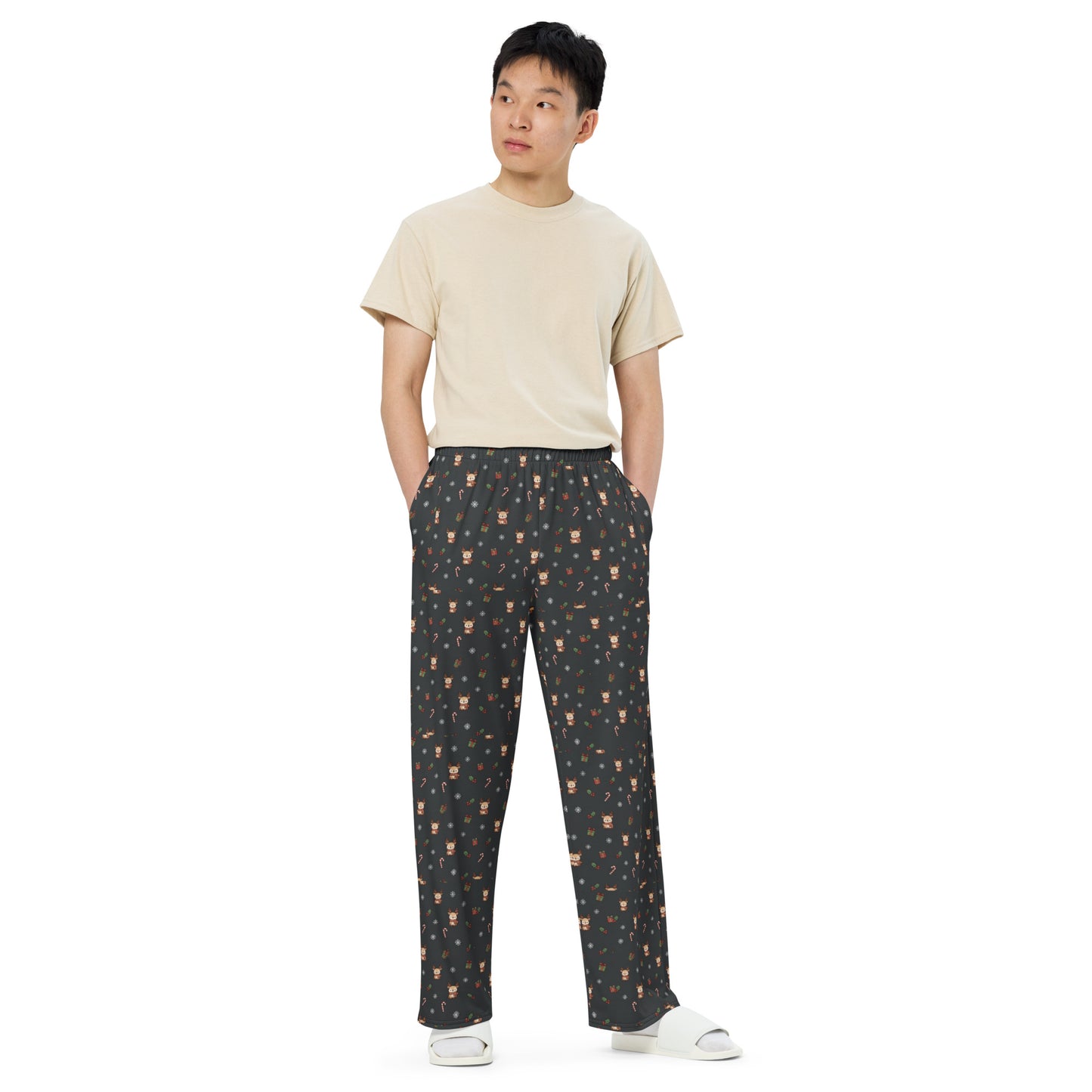 Christmas Kawaii Reindeer Wide-Leg Pants – Festive Unisex Holiday Loungewear