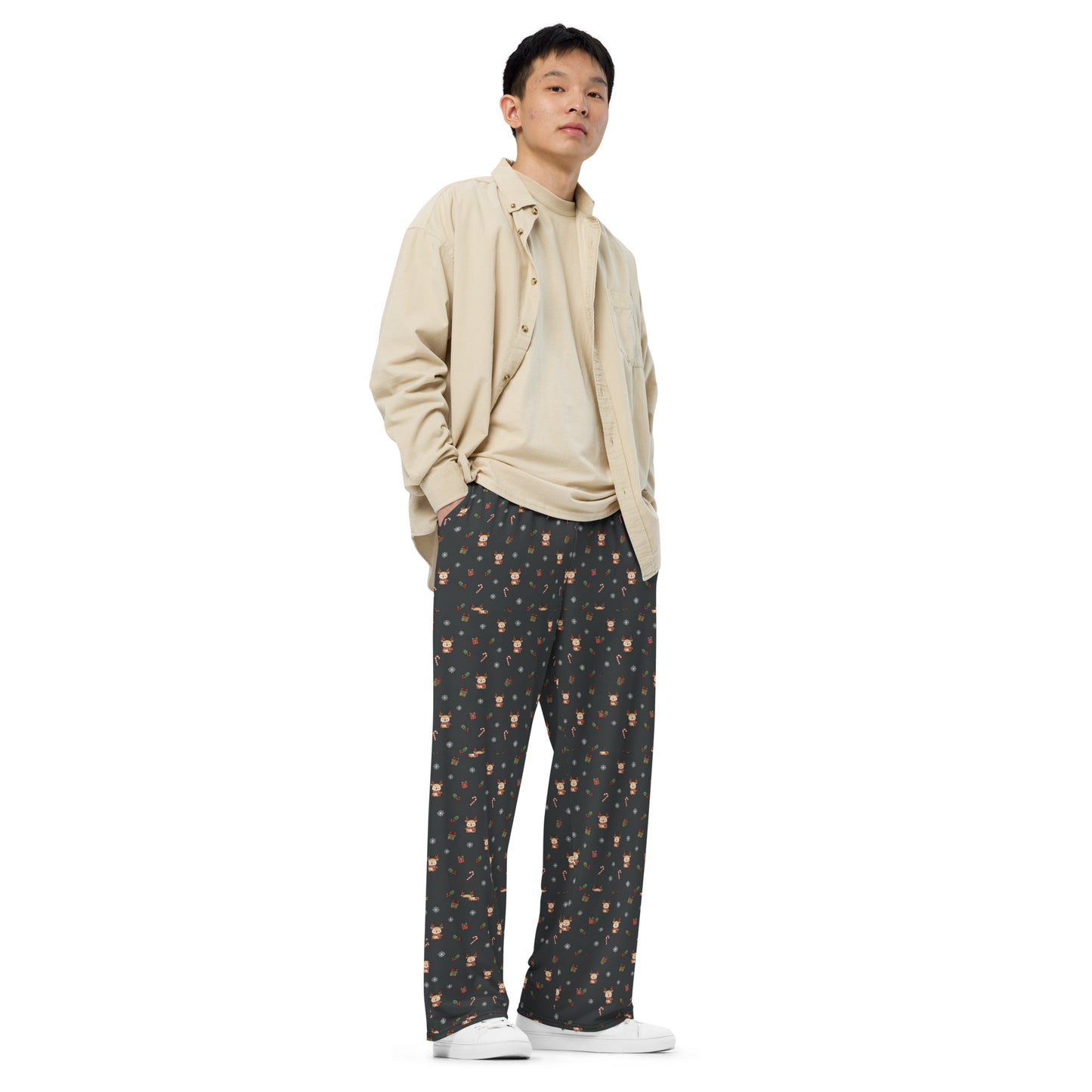 Christmas Kawaii Reindeer Wide-Leg Pants – Festive Unisex Holiday Loungewear