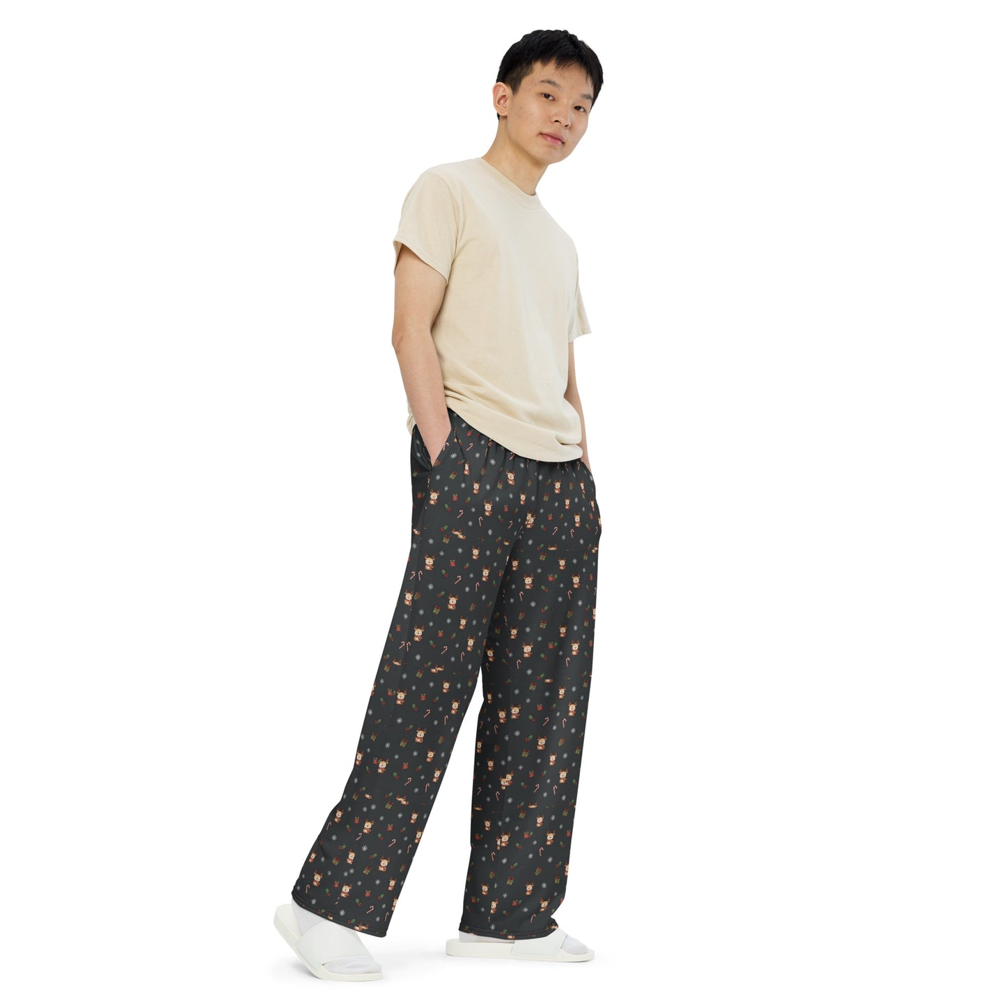 Christmas Kawaii Reindeer Wide-Leg Pants – Festive Unisex Holiday Loungewear